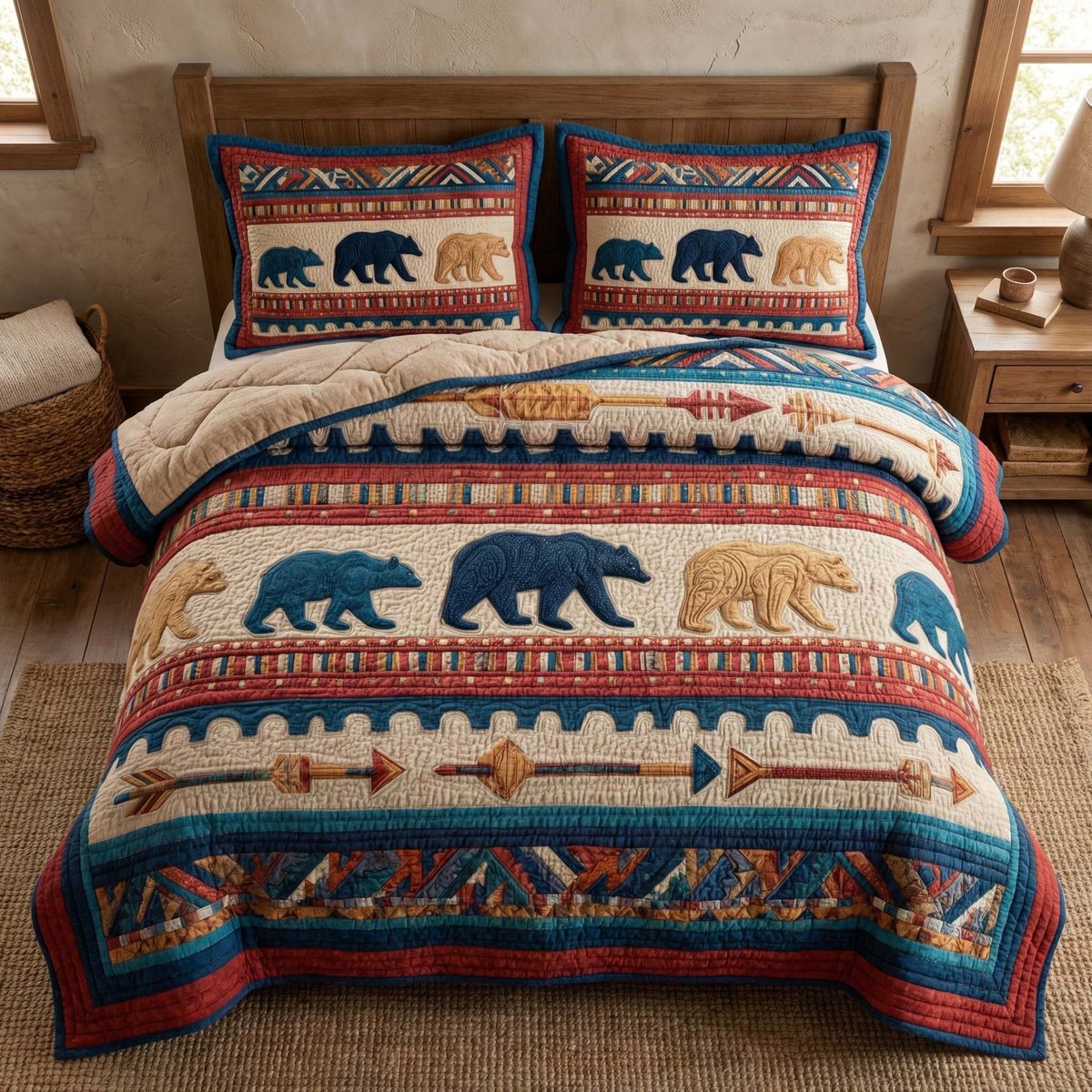 Tribal Bear Row 3 Piece Quilted Bedding Set Gift For Bear Lovers