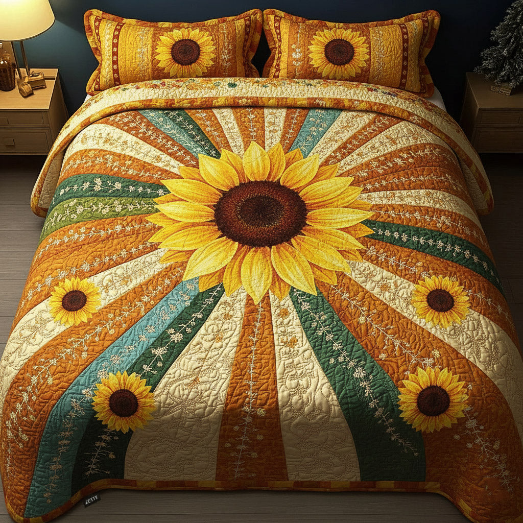 Sunflower Glow 3 Piece Quilted Bedding Set Gift For Flower Lovers