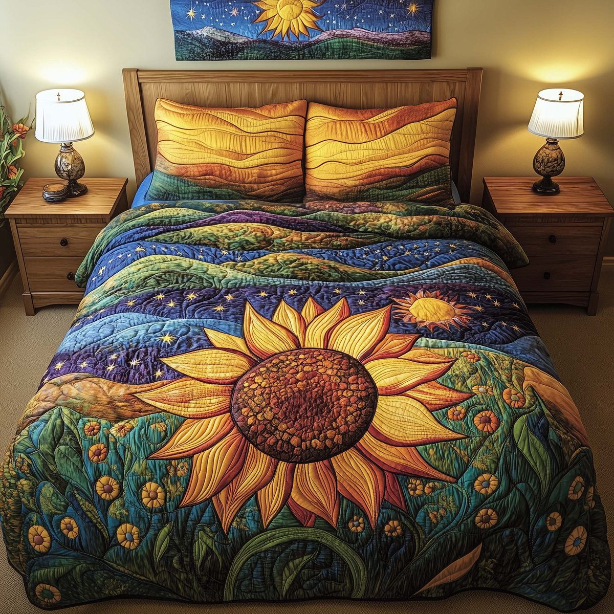 Cosmic Sunflower 3 Piece Quilted Bedding Set Gift For Flower Lovers