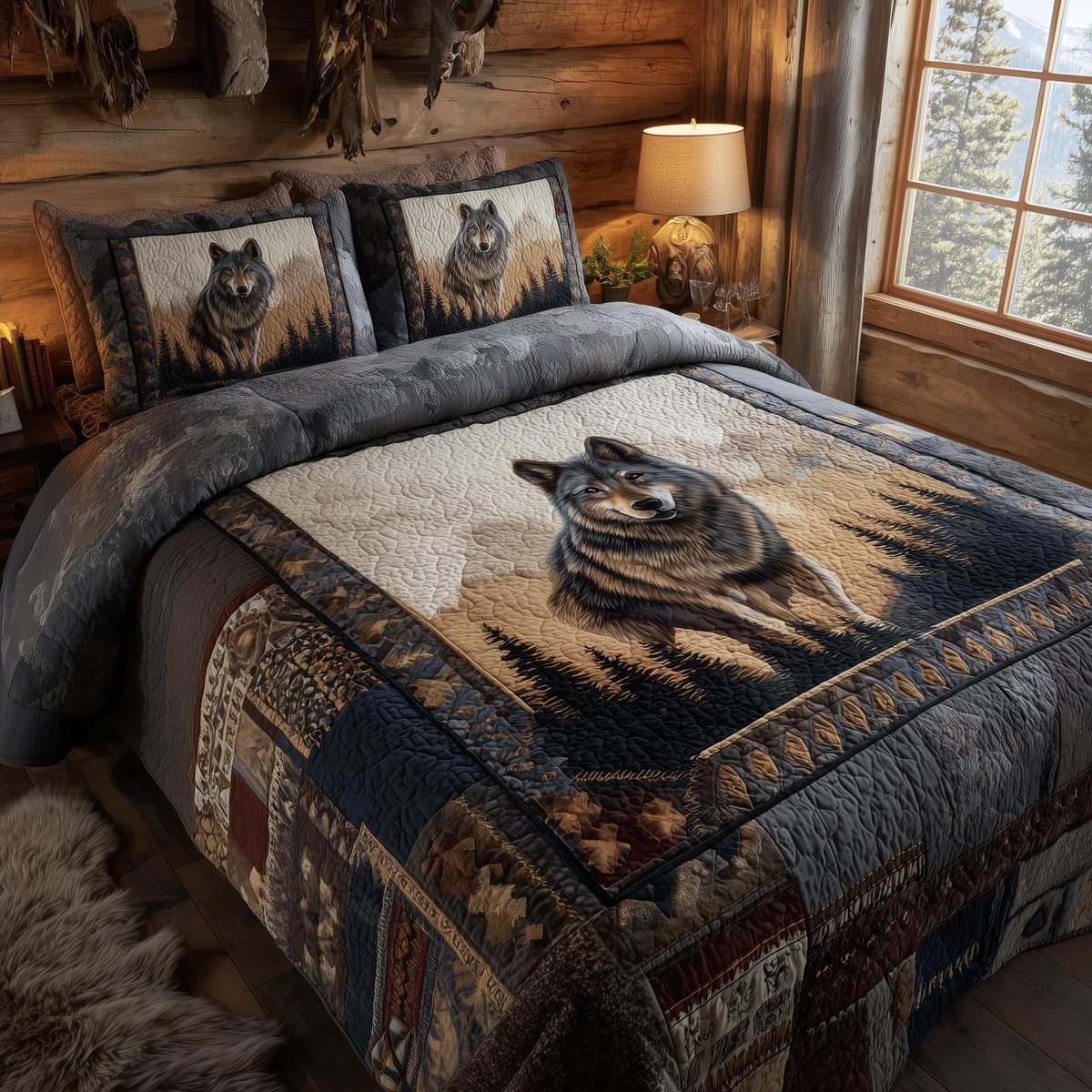 Wolf 3 Piece Quilted Bedding Set Gift For Wolf Lovers