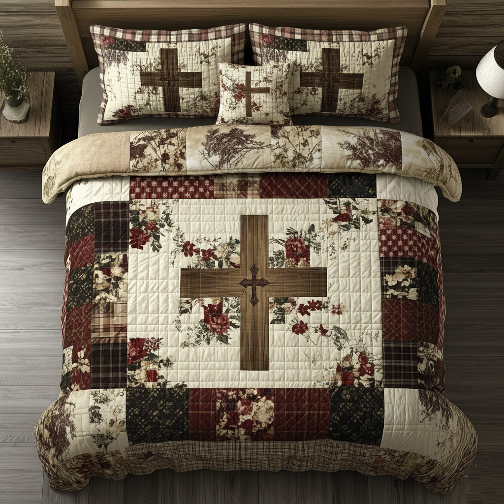 Shining Cross Christian 3 Piece Quilted Bedding Set Gift For Christians