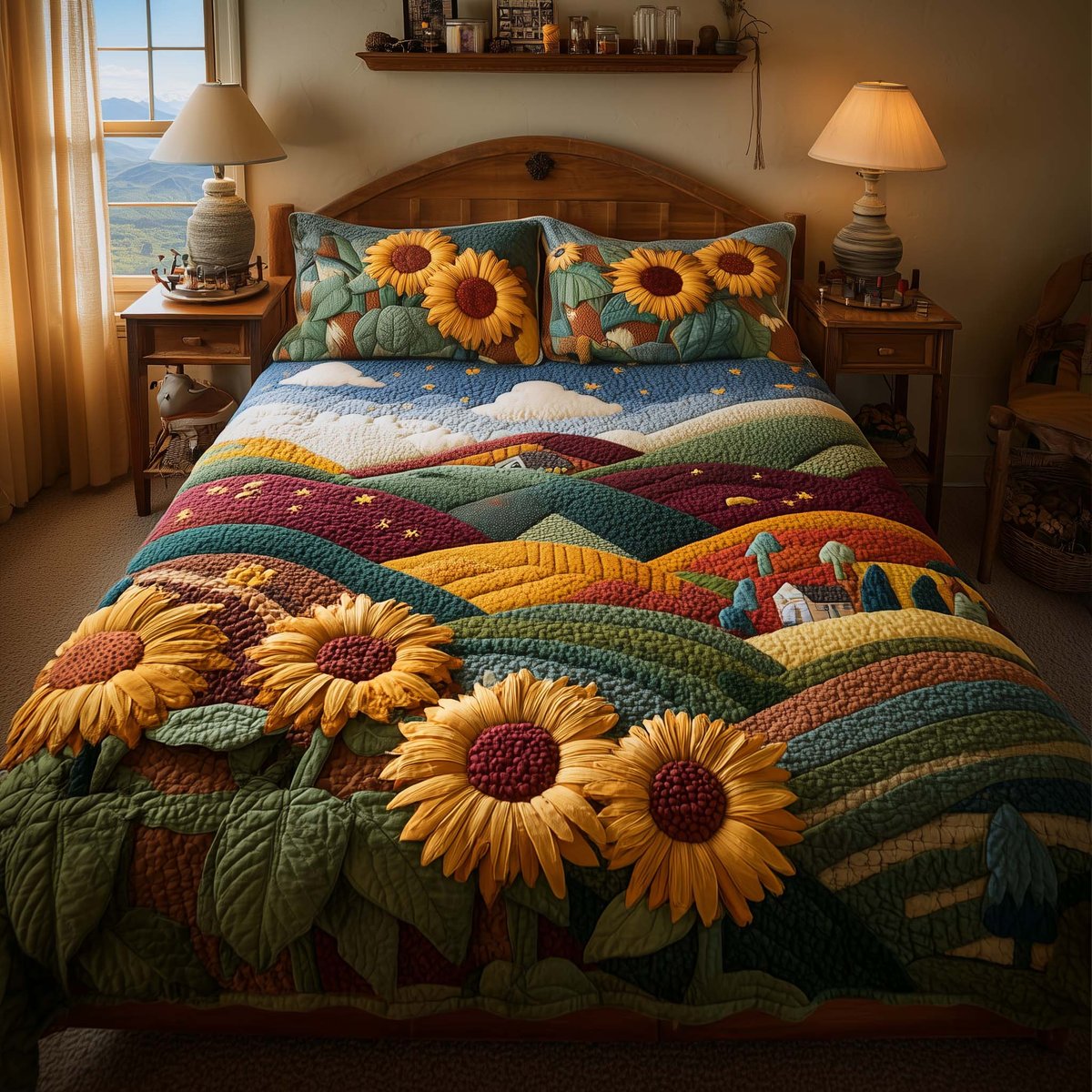 Meadow Sunflowers 3 Piece Quilted Bedding Set Gift For Flower Lovers