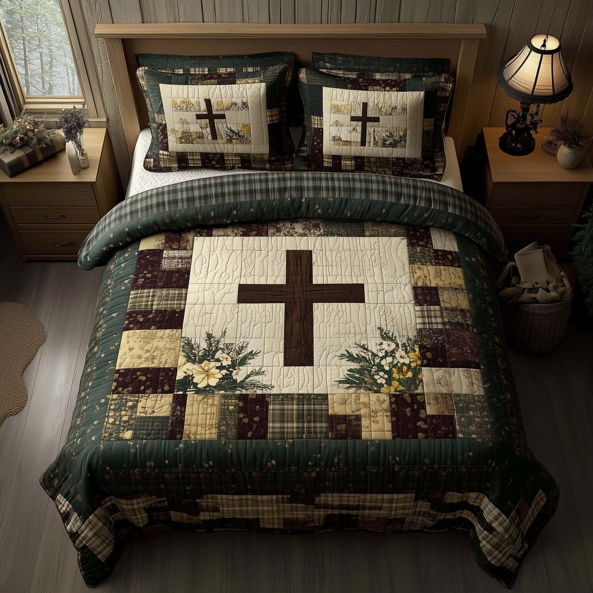 Shining Cross Christian 3 Piece Quilted Bedding Set Gift For Christians