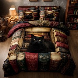 Whiskered Library Cat 3 Piece Quilted Bedding Set Gift For Book Lovers