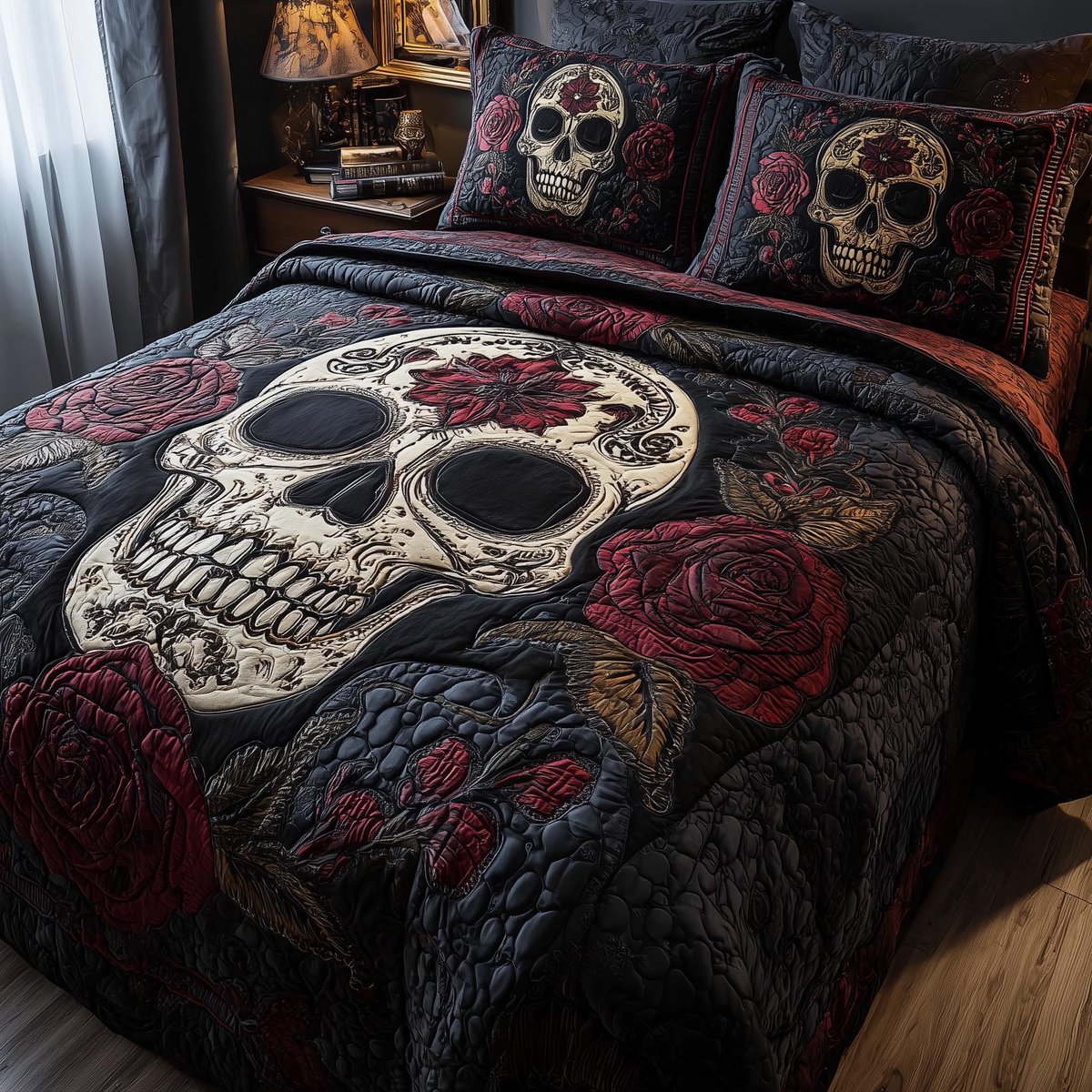 Dark Romance Skull 3 Piece Quilted Bedding Set Gift For Flower Lovers