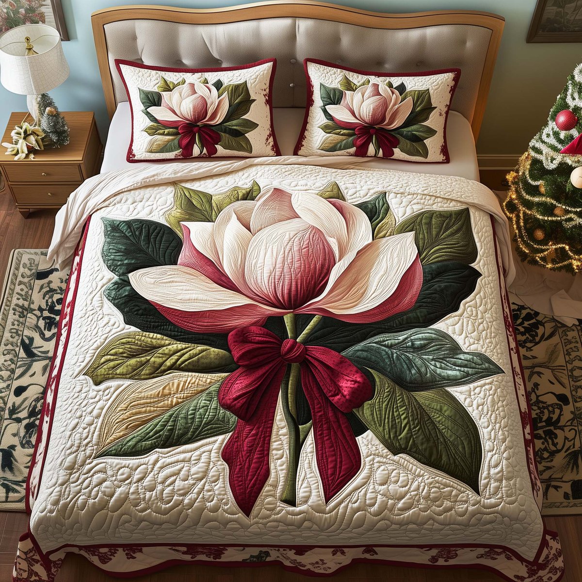 Bow Magnolia 3 Piece Quilted Bedding Set Gift For Home Decor Lovers