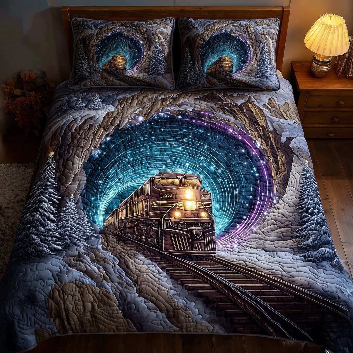 Train Journey 3 Piece Quilted Bedding Set Gift For Home Decor Lovers