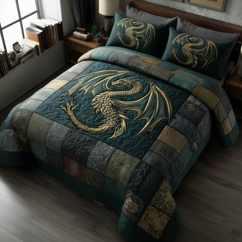 Dragon 3 Piece Quilted Bedding Set Gift For Fantasy Lovers