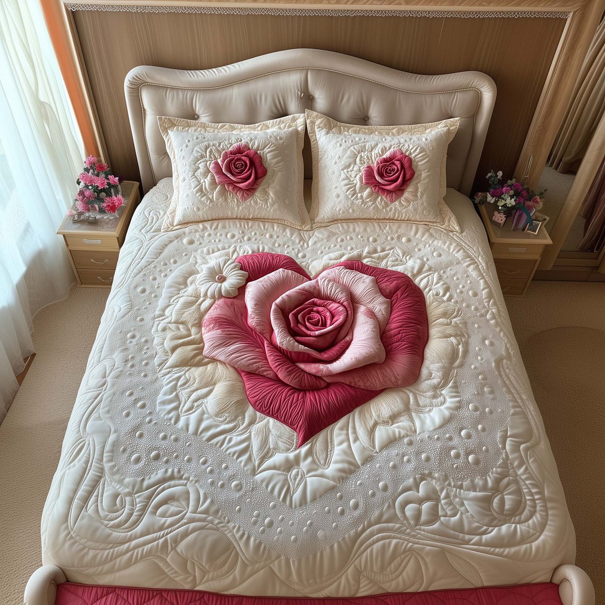 Heart Rose 3 Piece Quilted Bedding Set Gift For Flower Lovers