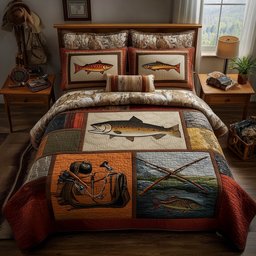 Fishing Delights 3 Piece Quilted Bedding Set Gift For Fishing Lovers