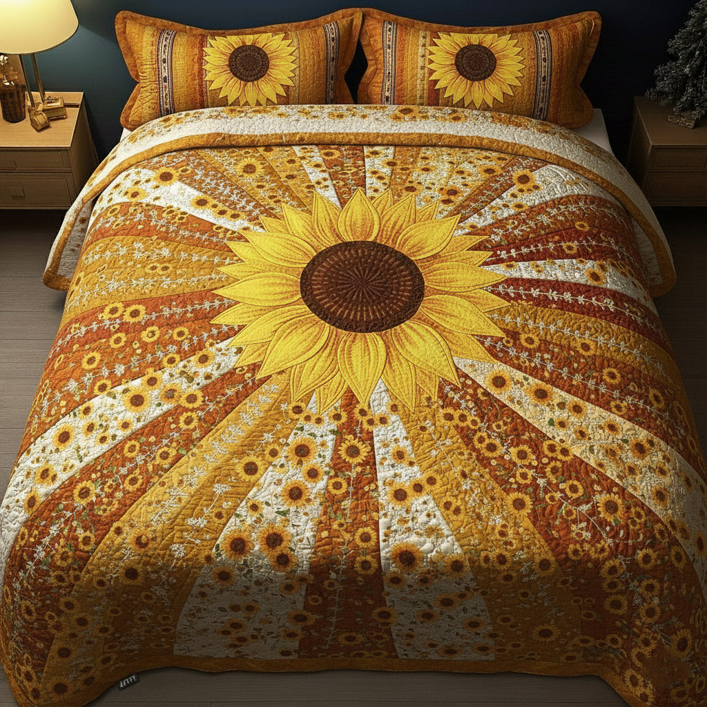 Sunflower Glow 3 Piece Quilted Bedding Set Gift For Flower Lovers