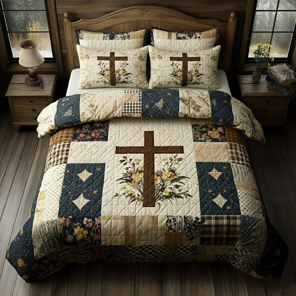 Shining Cross Christian 3 Piece Quilted Bedding Set Gift For Christians