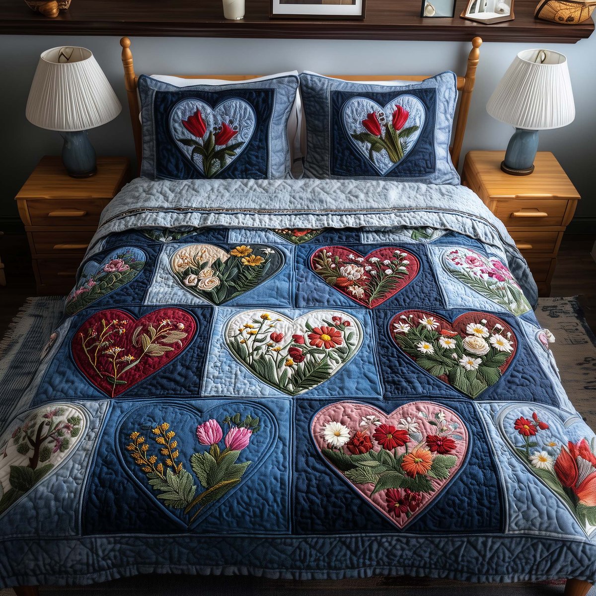Blossom Heart Patchwork 3 Piece Quilted Bedding Set Gift For Flower Lovers