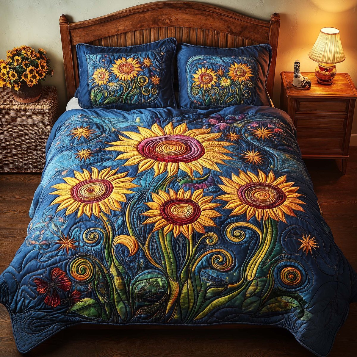 Star Sunflowers 3 Piece Quilted Bedding Set Gift For Flower Lovers