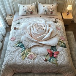 White Rose 3 Piece Quilted Bedding Set Gift For Flower Lovers