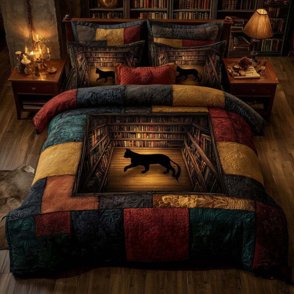 Whiskered Library Cat 3 Piece Quilted Bedding Set Gift For Book Lovers
