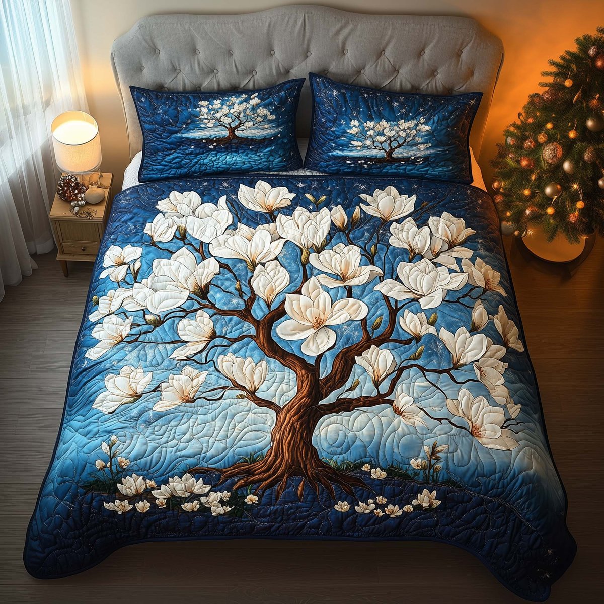 Magnolia Tree 3 Piece Quilted Bedding Set Gift For Home Decor Lovers