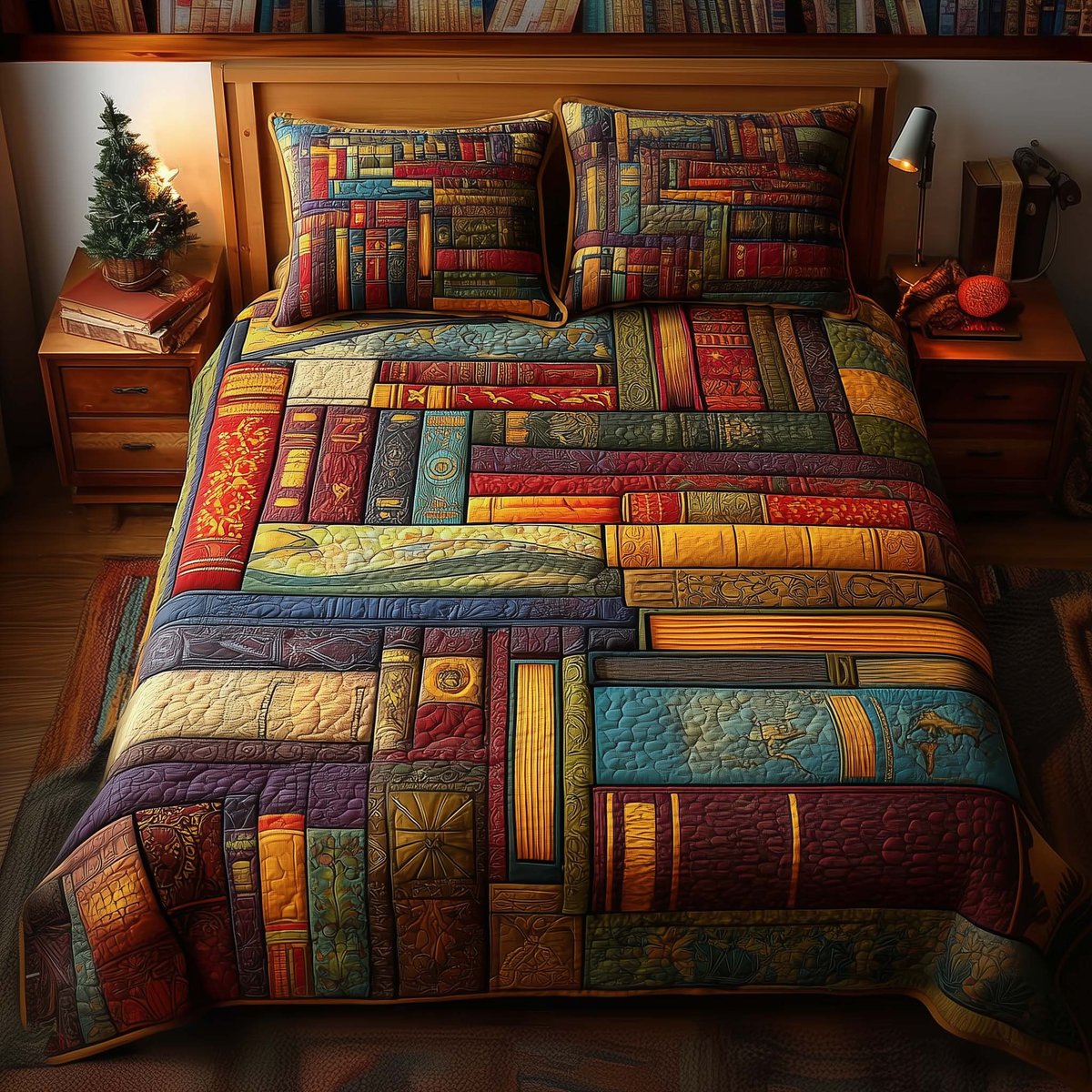 Book Mosaic 3 Piece Quilted Bedding Set Gift For Book Lovers