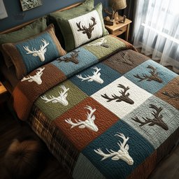 Rustic Antler Deer 3 Piece Quilted Bedding Set Gift For Hunters