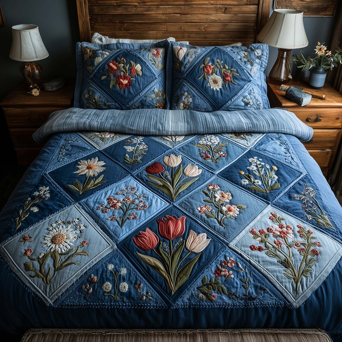 Blossom Heart Patchwork 3 Piece Quilted Bedding Set Gift For Flower Lovers