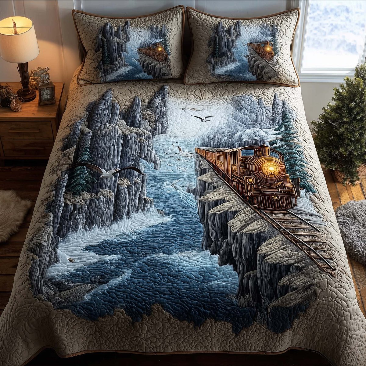 Train Journey 3 Piece Quilted Bedding Set Gift For Home Decor Lovers
