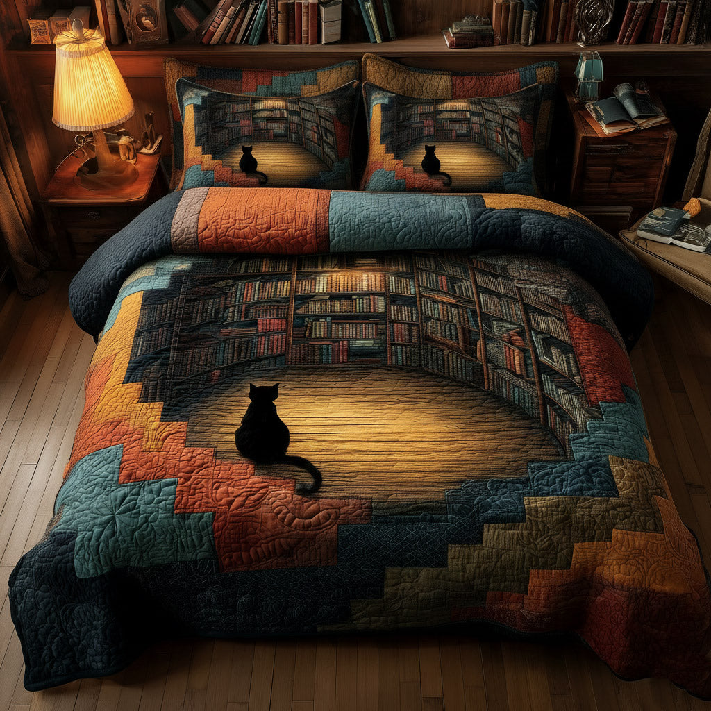 Whiskered Library Cat 3 Piece Quilted Bedding Set Gift For Book Lovers