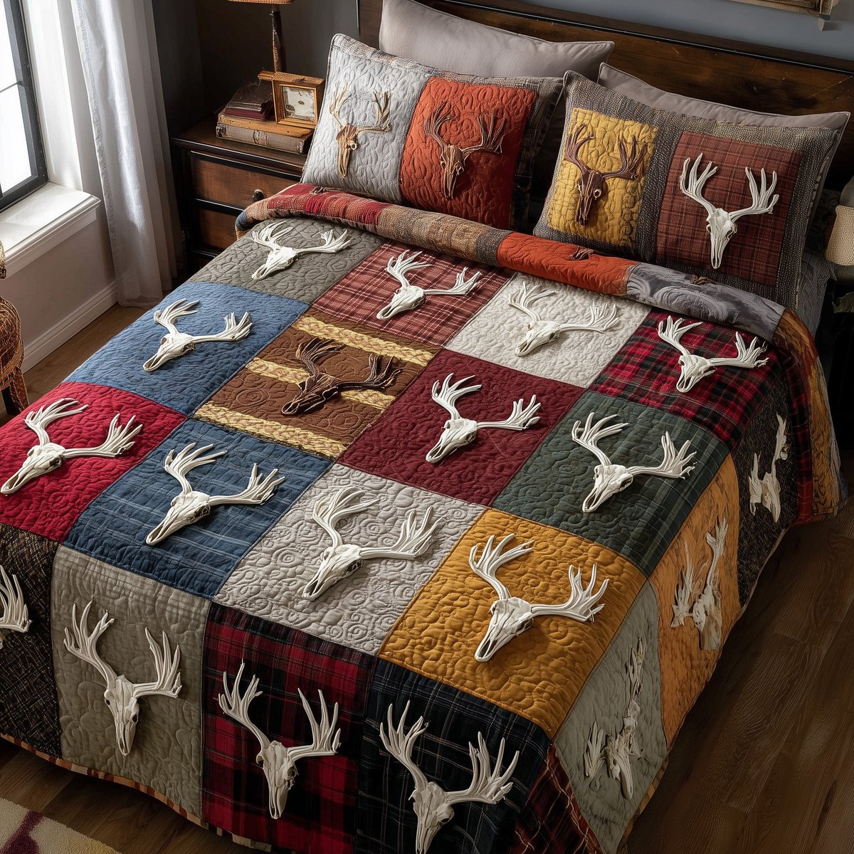 Rustic Antler Deer 3 Piece Quilted Bedding Set Gift For Hunters