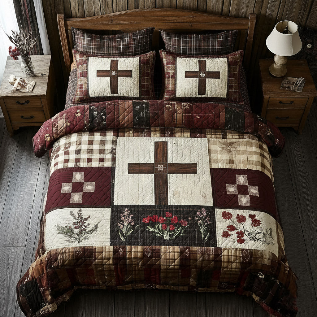 Shining Cross Christian 3 Piece Quilted Bedding Set Gift For Christians