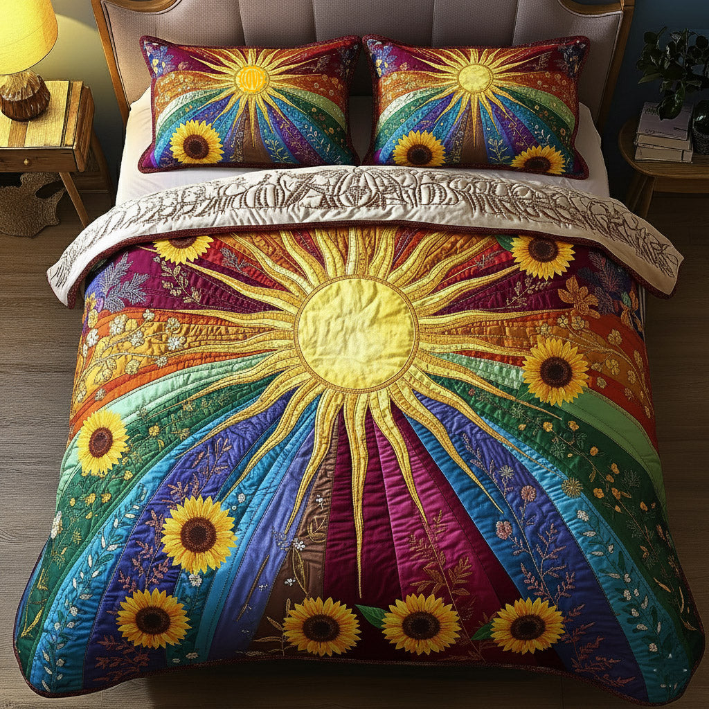 Sunflower Glow 3 Piece Quilted Bedding Set Gift For Flower Lovers
