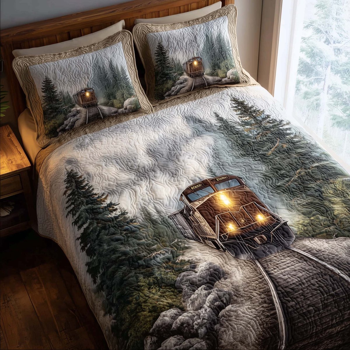 Train Journey 3 Piece Quilted Bedding Set Gift For Home Decor Lovers