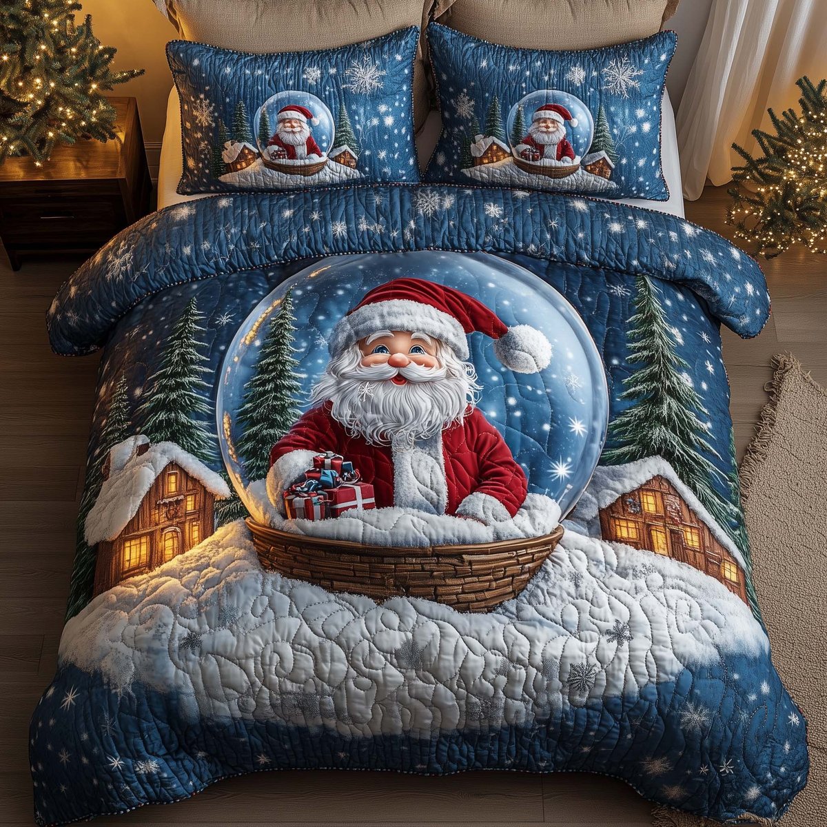 Santa Delight 3 Piece Quilted Bedding Set Christmas Gift For Holiday Decor Lovers