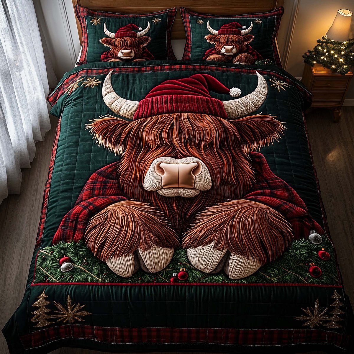 Farmstead Highland Cow 3 Piece Quilted Bedding Set Christmas Gift For Cow Lovers