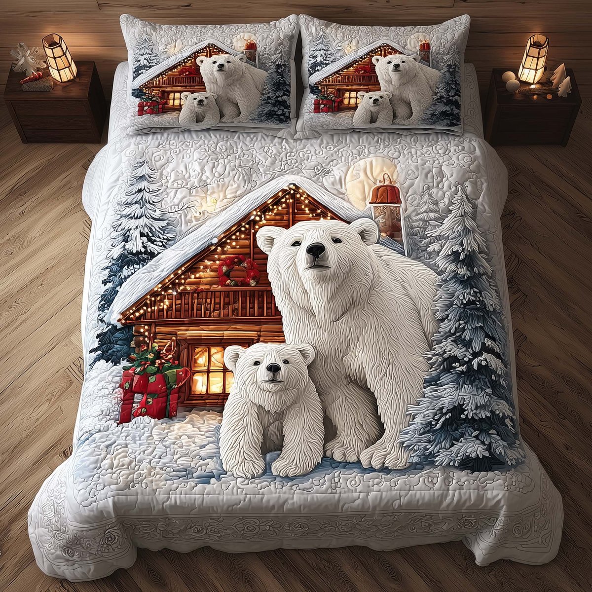 Polar Bear 3 Piece Quilted Bedding Set Gift For Bear Lovers