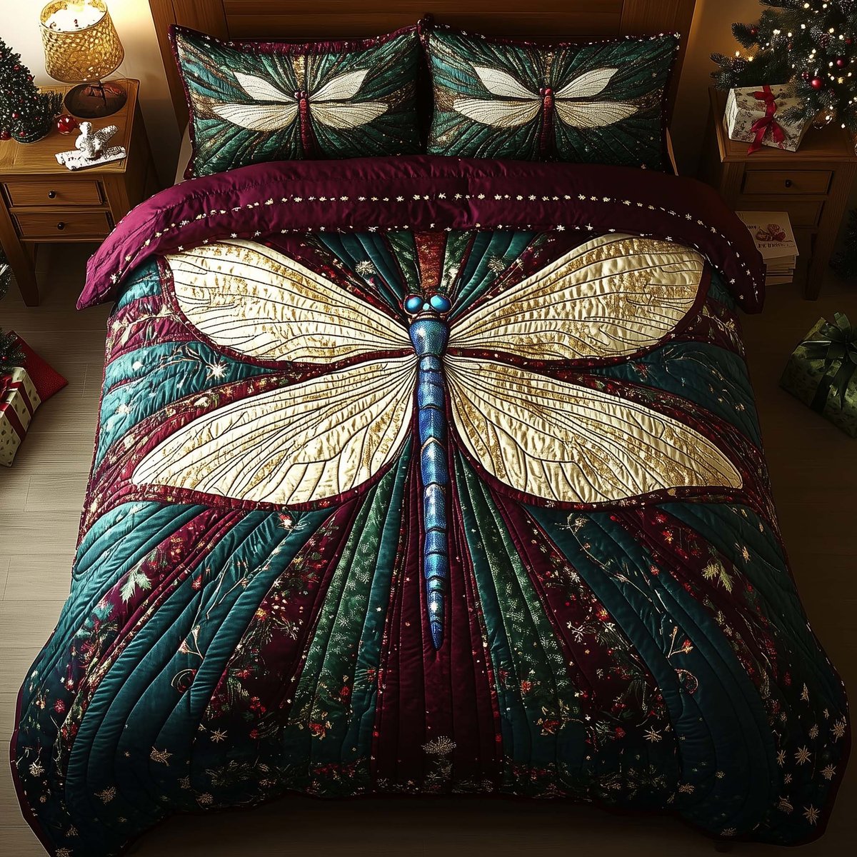 Dragonfly 3 Piece Quilted Bedding Set Gift For Butterfly Lovers