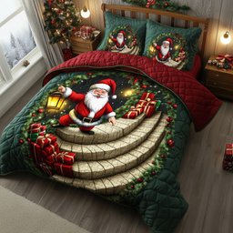 Jolly Santa 3 Piece Quilted Bedding Set Christmas Gift For Holiday Decor Lovers