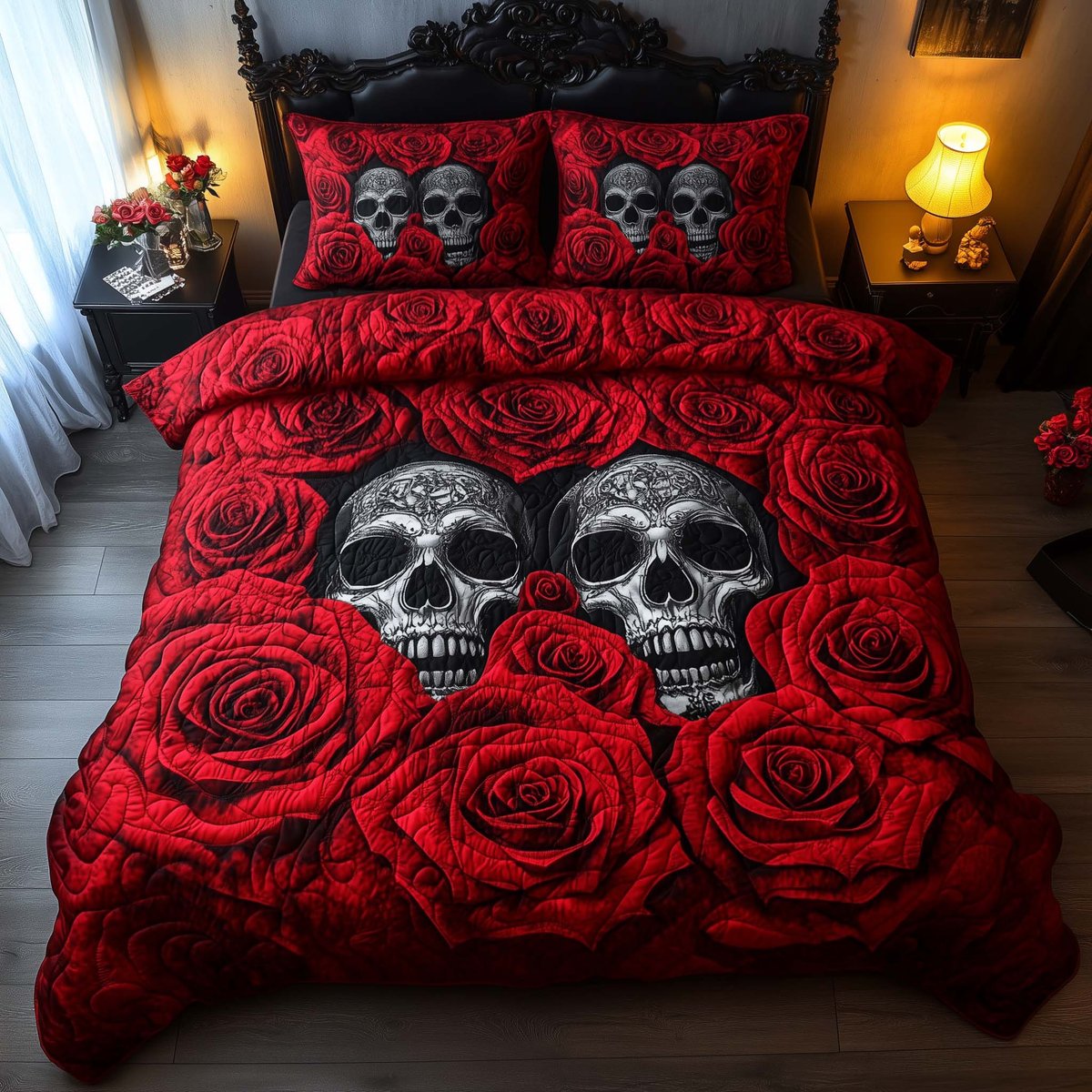 Romantic Gothic Skulls 3 Piece Quilted Bedding Set Gift For Gothic Decor Lovers