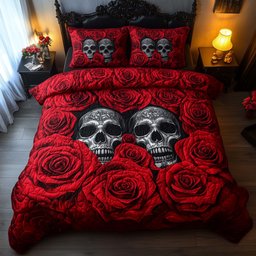 Romantic Gothic Skulls 3 Piece Quilted Bedding Set Gift For Gothic Decor Lovers