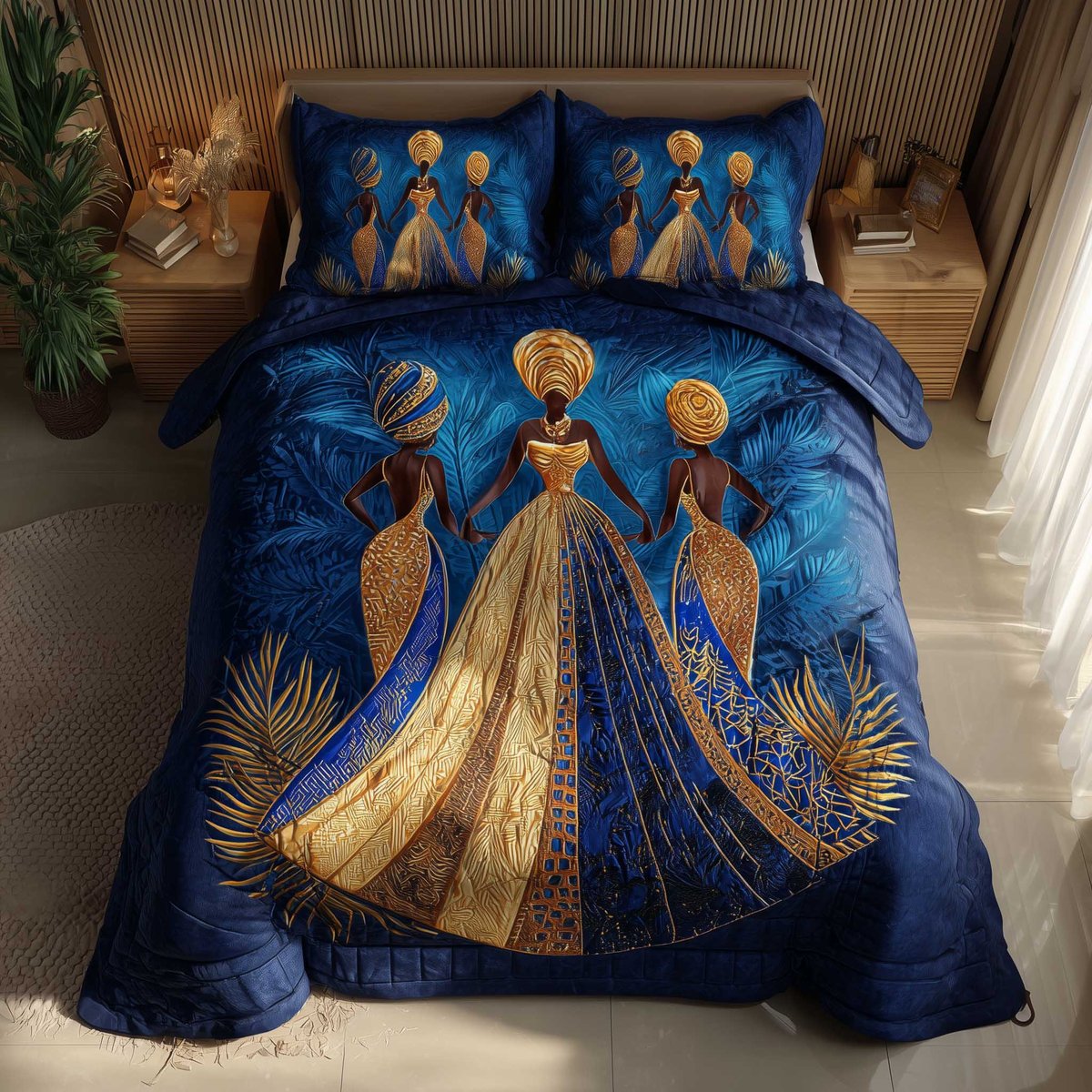 Golden Queens 3 Piece Quilted Bedding Set Gift For African American Heritage Lovers