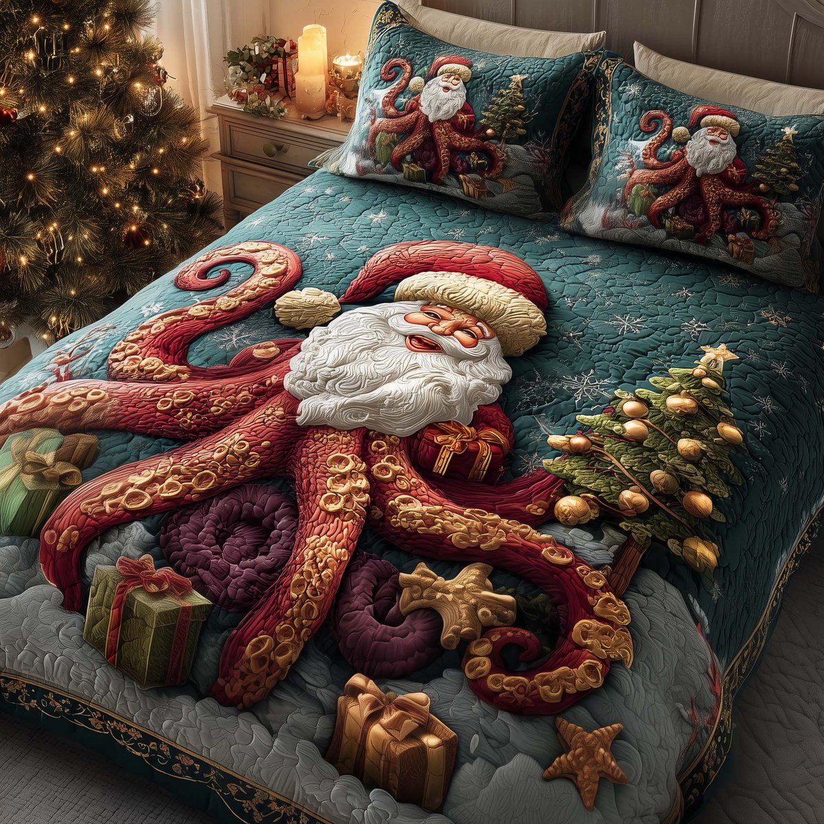 Festive Octopus Beach 3 Piece Quilted Bedding Set Christmas Gift For Beach Lovers