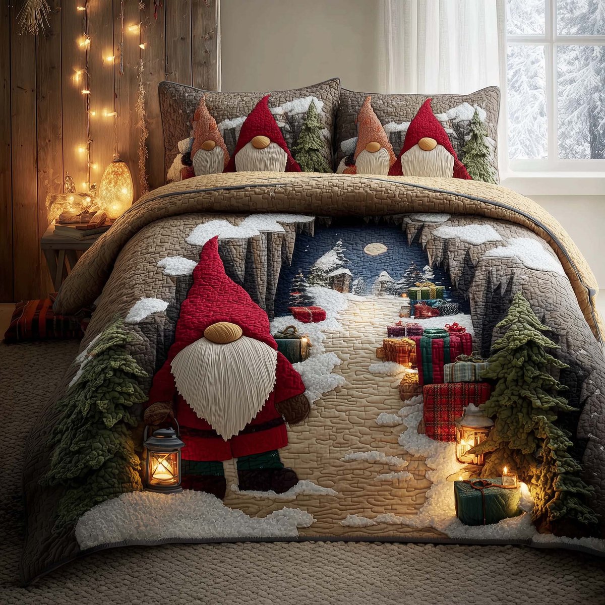 Joyful Gnomes 3 Piece Quilted Bedding Set Christmas Gift For Holiday Decor Lovers
