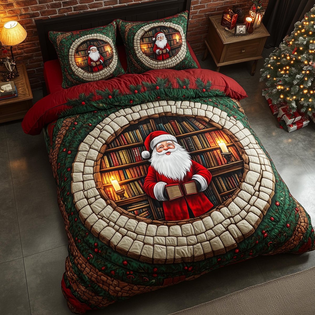 Jolly Santa 3 Piece Quilted Bedding Set Christmas Gift For Holiday Decor Lovers