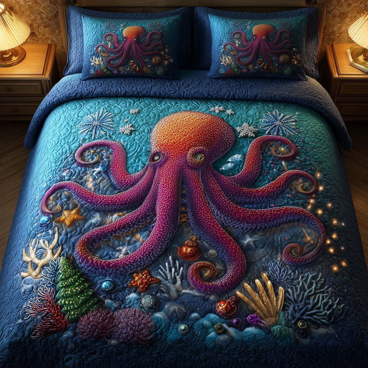 Festive Octopus Beach 3 Piece Quilted Bedding Set Christmas Gift For Beach Lovers