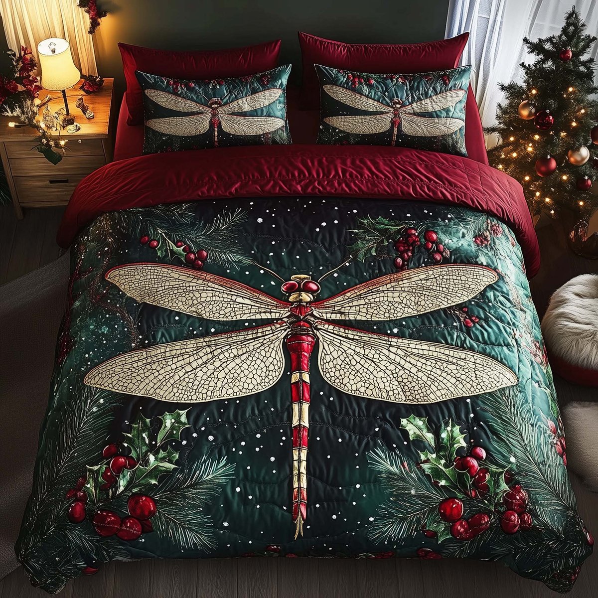 Dragonfly 3 Piece Quilted Bedding Set Gift For Butterfly Lovers