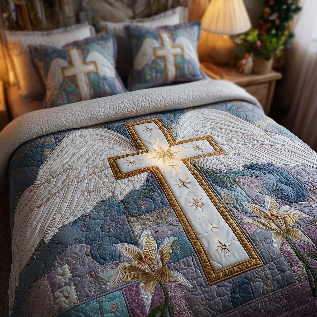 Cross 3 Piece Quilted Bedding Set Gift For Christians