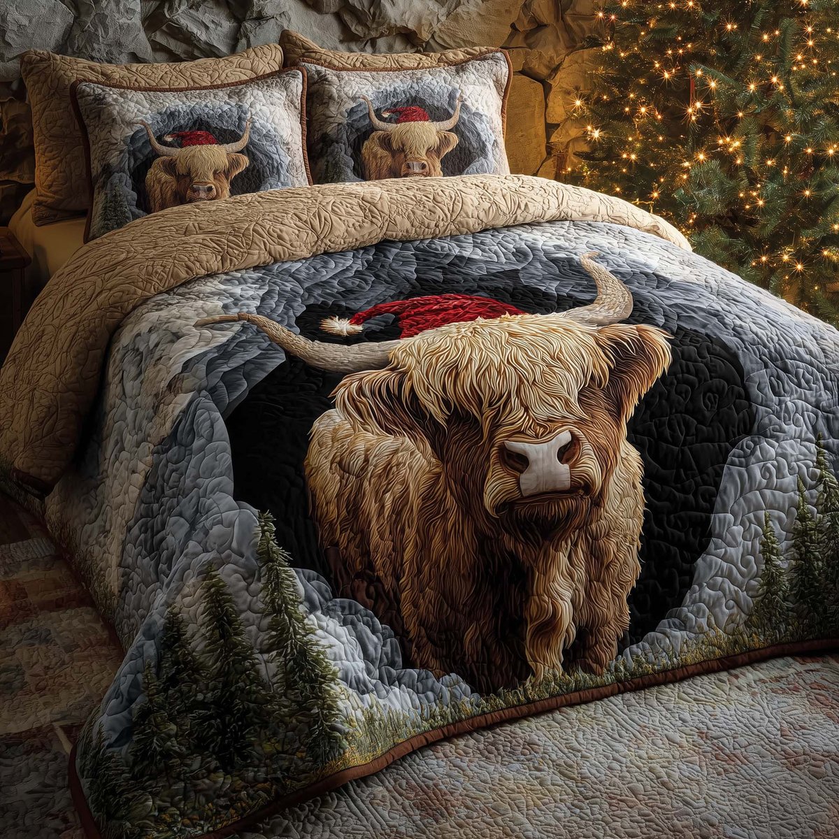 Highland Cow 3 Piece Quilted Bedding Set Christmas Gift For Cow Lovers
