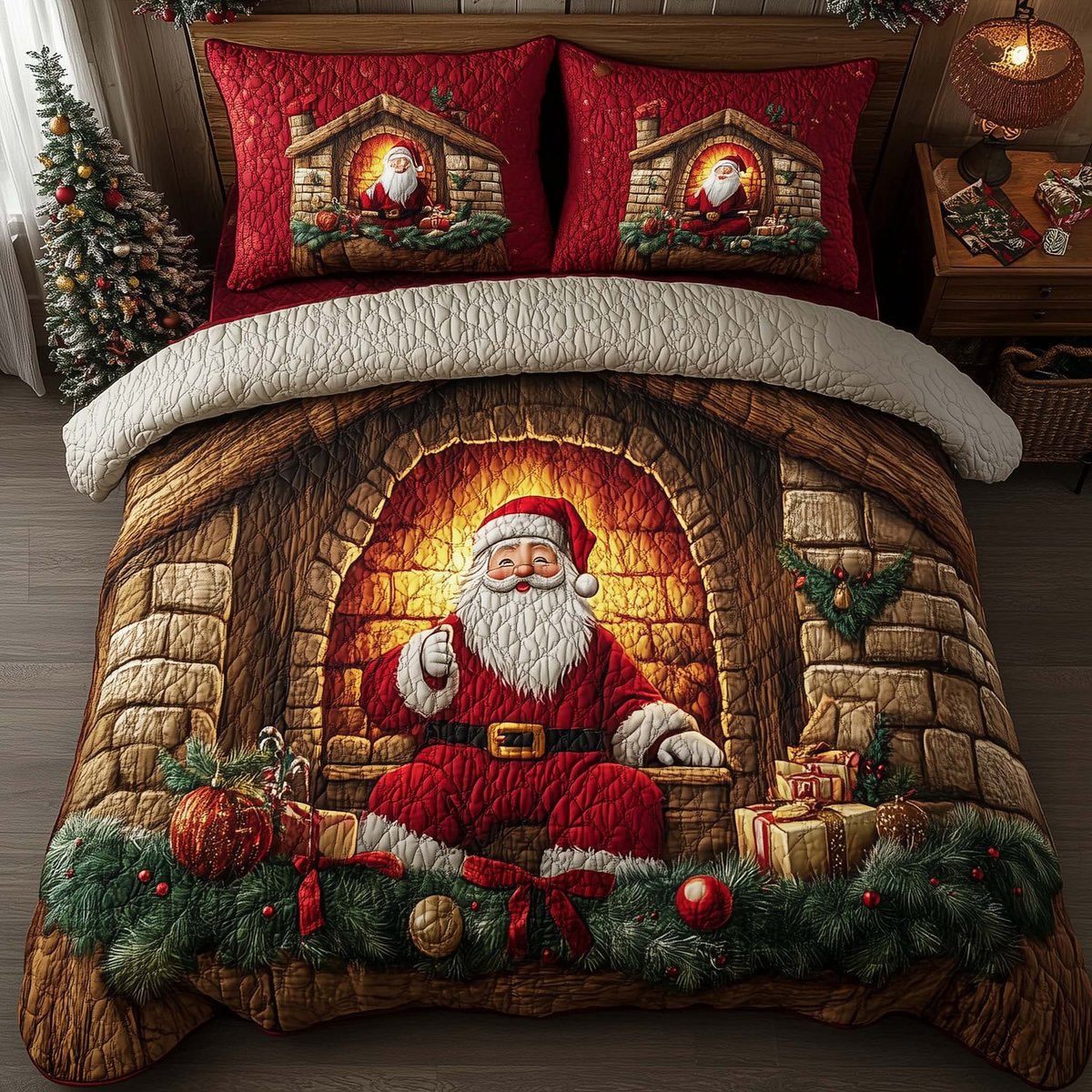Santa Delight 3 Piece Quilted Bedding Set Christmas Gift For Holiday Decor Lovers
