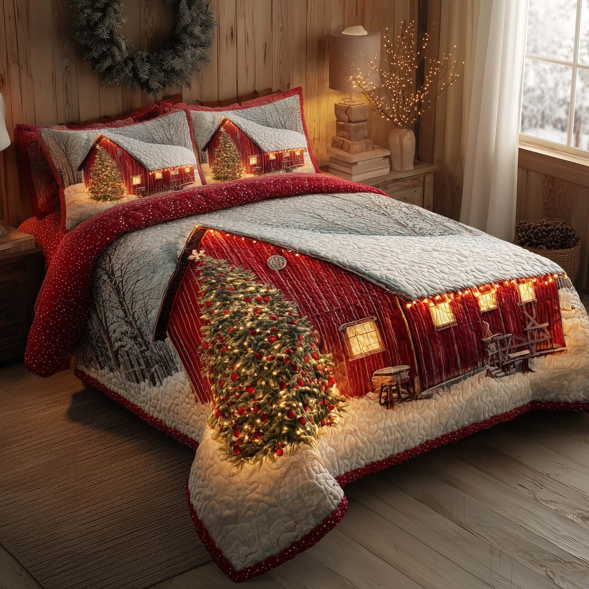 Winter Barn 3 Piece Quilted Bedding Set Gift For Farmhouse Decor Lovers