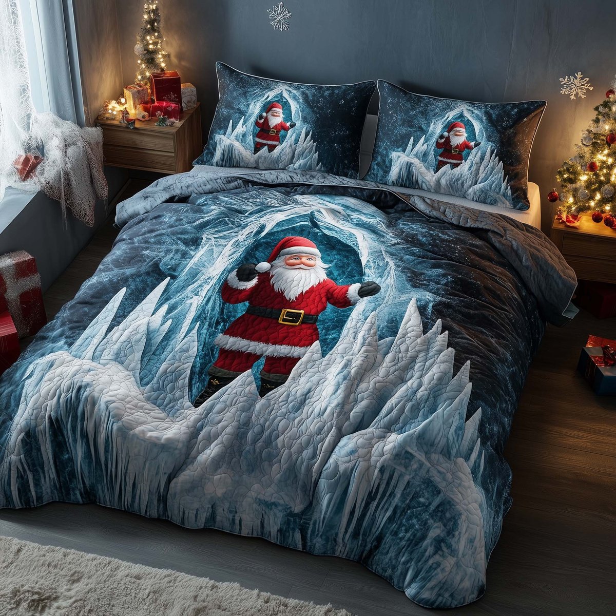 Santa Delight 3 Piece Quilted Bedding Set Christmas Gift For Holiday Decor Lovers
