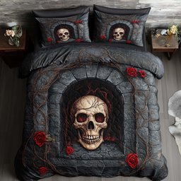 Mystique Solo Skull 3 Piece Quilted Bedding Set Gift For Gothic Decor Lovers
