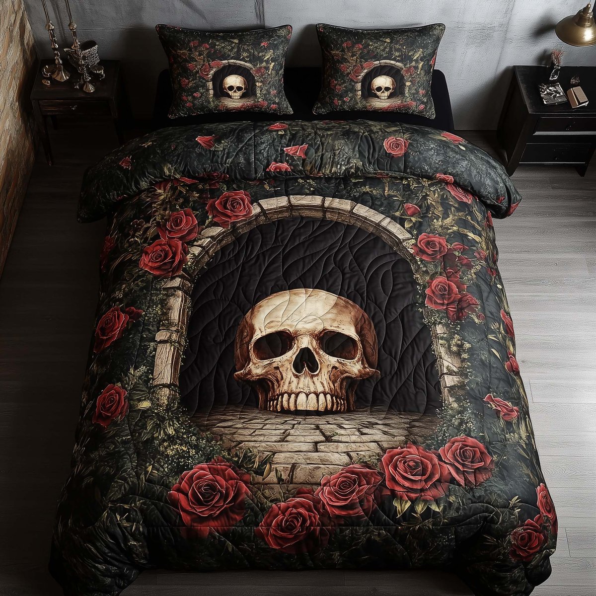 Mystique Solo Skull 3 Piece Quilted Bedding Set Gift For Gothic Decor Lovers